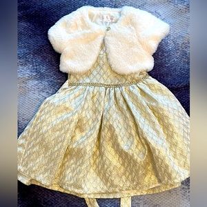 12m - Biscotti Baby Gold & Ivory dress w/faux fur cardigan